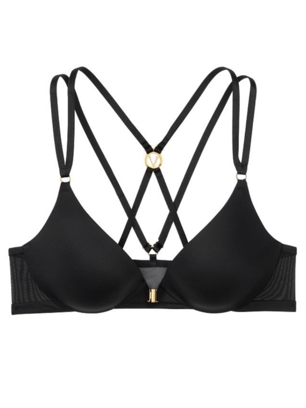Victoria's Secret Very Sexy Uplift Plunge Black Strappy Push-Up Bra Gold Accents